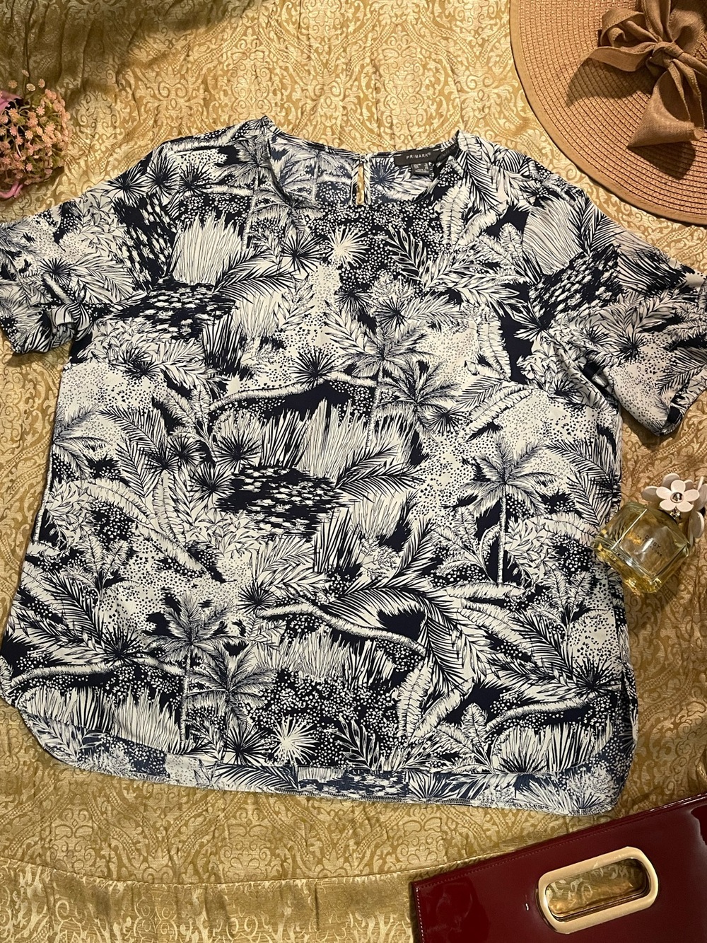 Primark Navy and White Tropical Short Sleeve Tee